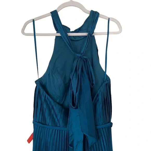 Ieena Mac Duggal Teal Satin Halter Neck Bow Pleated Sleeveless Midi Dress Size 8 - Picture 5 of 7